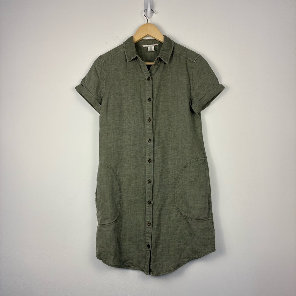 Lucky Brand linen blend Green Button-Up Shirt Dress with pockets size xs